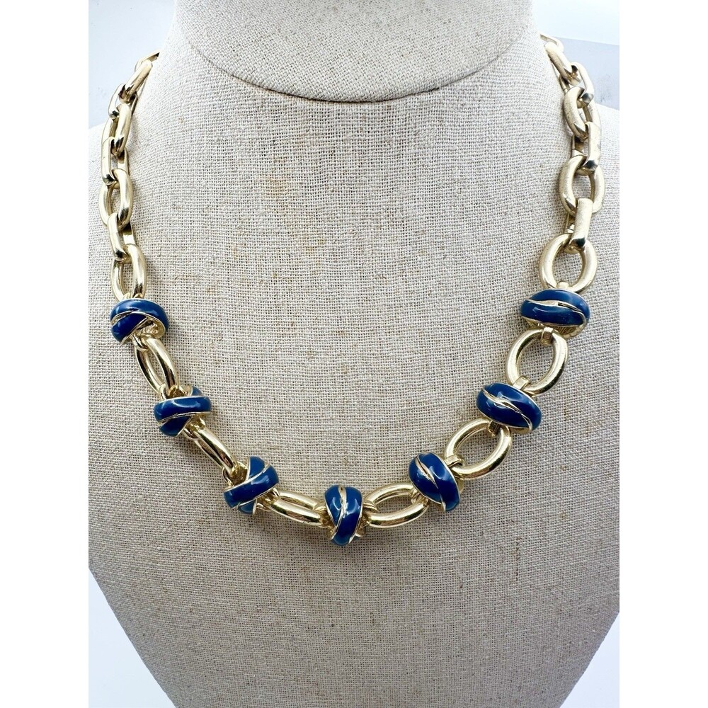 Anne Klein Gold-Tone Enamel Chunky Chain Necklace Toggle Blue 18”